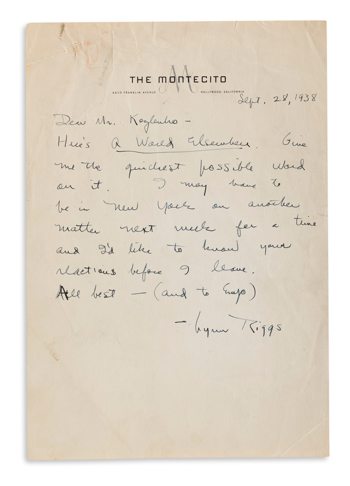 LYNN RIGGS (1899-1954) Small archive of 5 letters, each Signed, to editor William Kozlenko: Two Autograph Letters * 3 Typed Letters.